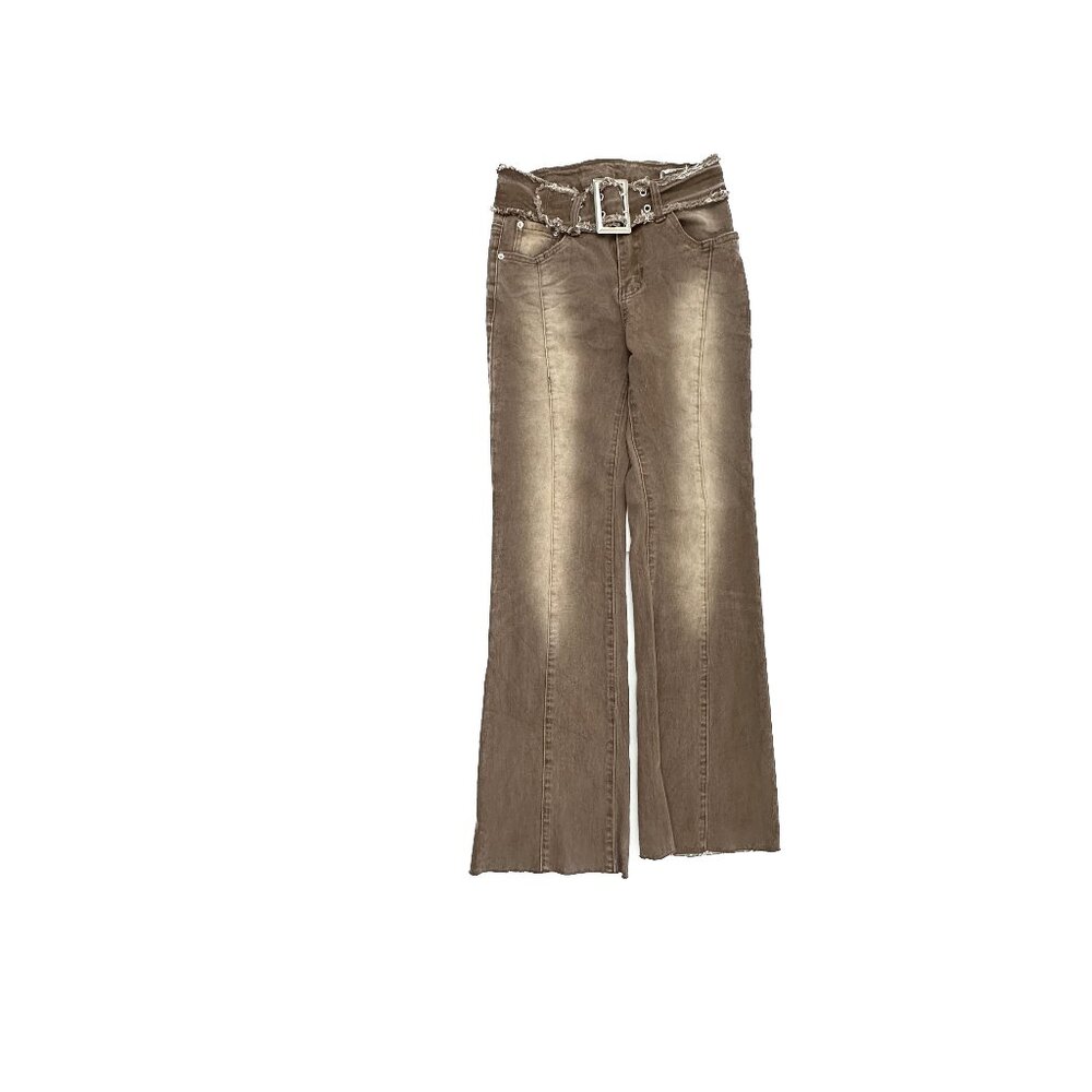 Shein‎ Belted Bootcut Raw Hem Distressed From Seam Women's size 26 Brown Jeans
